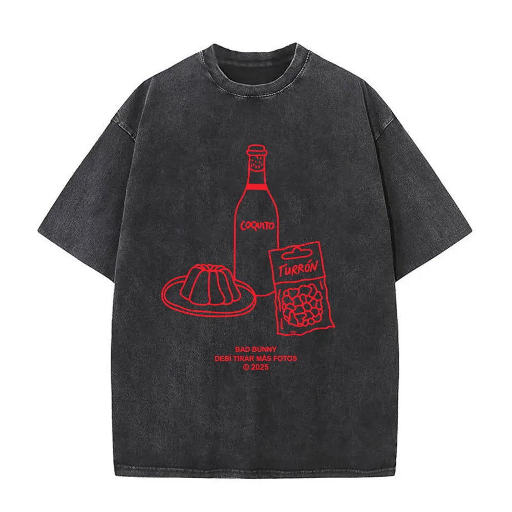 Black distressed cotton rapper Bad Bunny t-shirt with red coquito graphic for DTMF World Tour 2026 fashion hip hop fans