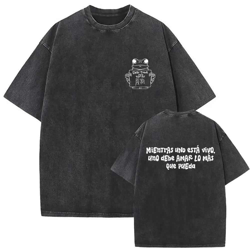 Black oversized rapper bad bunny t-shirt with white frog graphic front and spanish text back dtmf world tour fashion hip hop