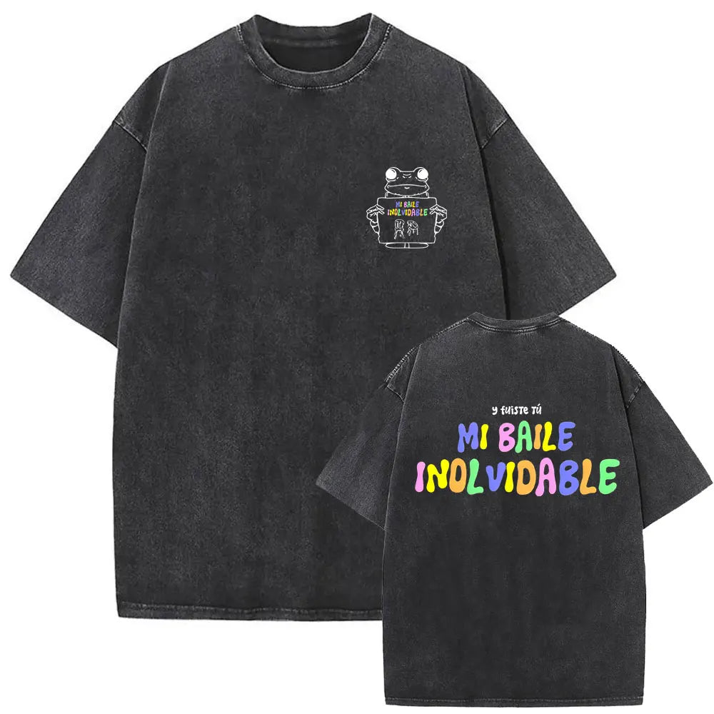Black oversized cotton t-shirt with white frog graphic front and colorful mi baile inolvidable lettering back for dtmf world tour women fashion hip