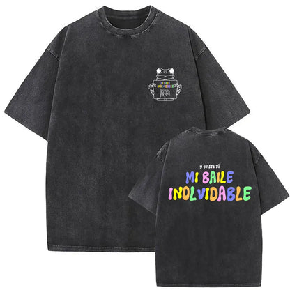Black oversized cotton t-shirt with white frog graphic front and colorful mi baile inolvidable lettering back for dtmf world tour women fashion hip