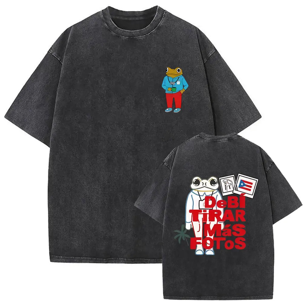 Black oversized rapper bad bunny t-shirt with cartoon frog graphics and faded denim texture for dtmf world tour fashion hip hop