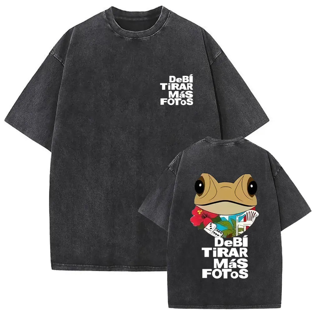 Black distressed cotton t-shirt back with cartoon frog red flowers playing cards and white text debi tirar mas fotos for rapper bad bunny dtmf world tour women fashion hip hop