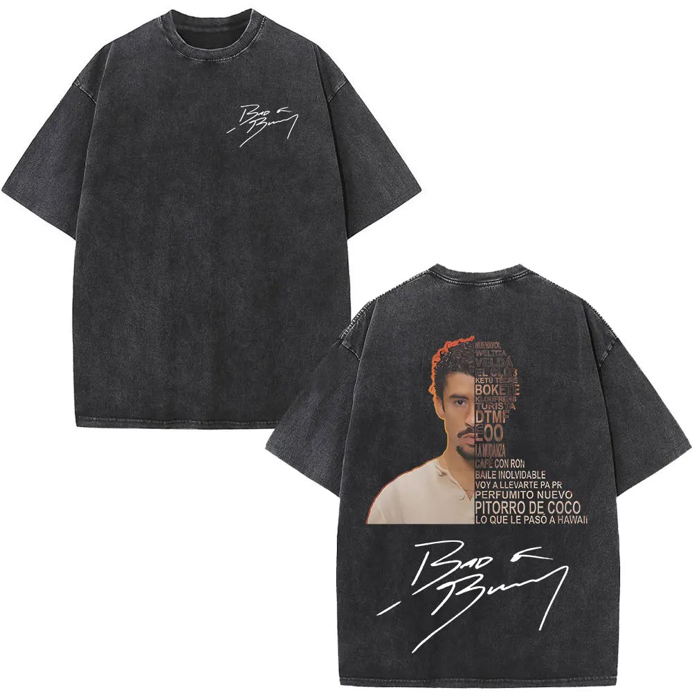 Black oversized cotton t-shirt with rapper Bad Bunny graphic text face and signature for DTMF world tour fashion hip hop