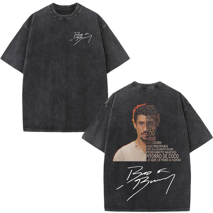 Black oversized cotton t-shirt with rapper Bad Bunny graphic text face and signature for DTMF world tour fashion hip hop