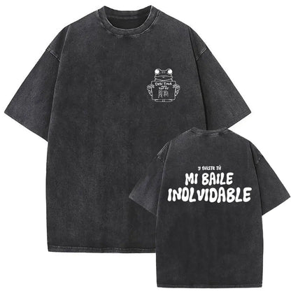 Black oversized t-shirt with white graphic print front and back featuring rapper bad bunny dtmf world tour 2026 women fashion hip hop