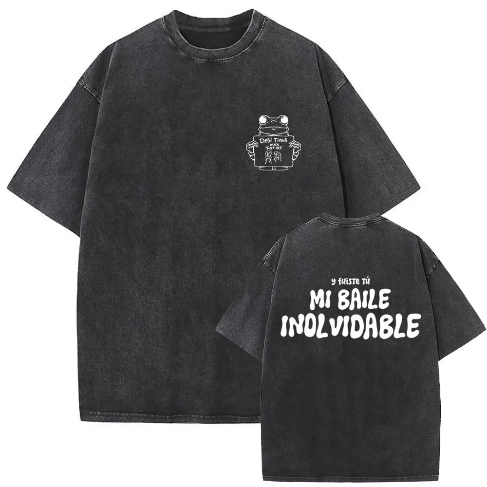 Black oversized t-shirt with white graphic print front and back featuring rapper bad bunny dtmf world tour fashion hip hop design
