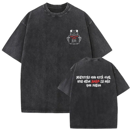 Black oversized t-shirt with white frog graphic front and red white spanish dtmf world tour text on back for women fashion hip