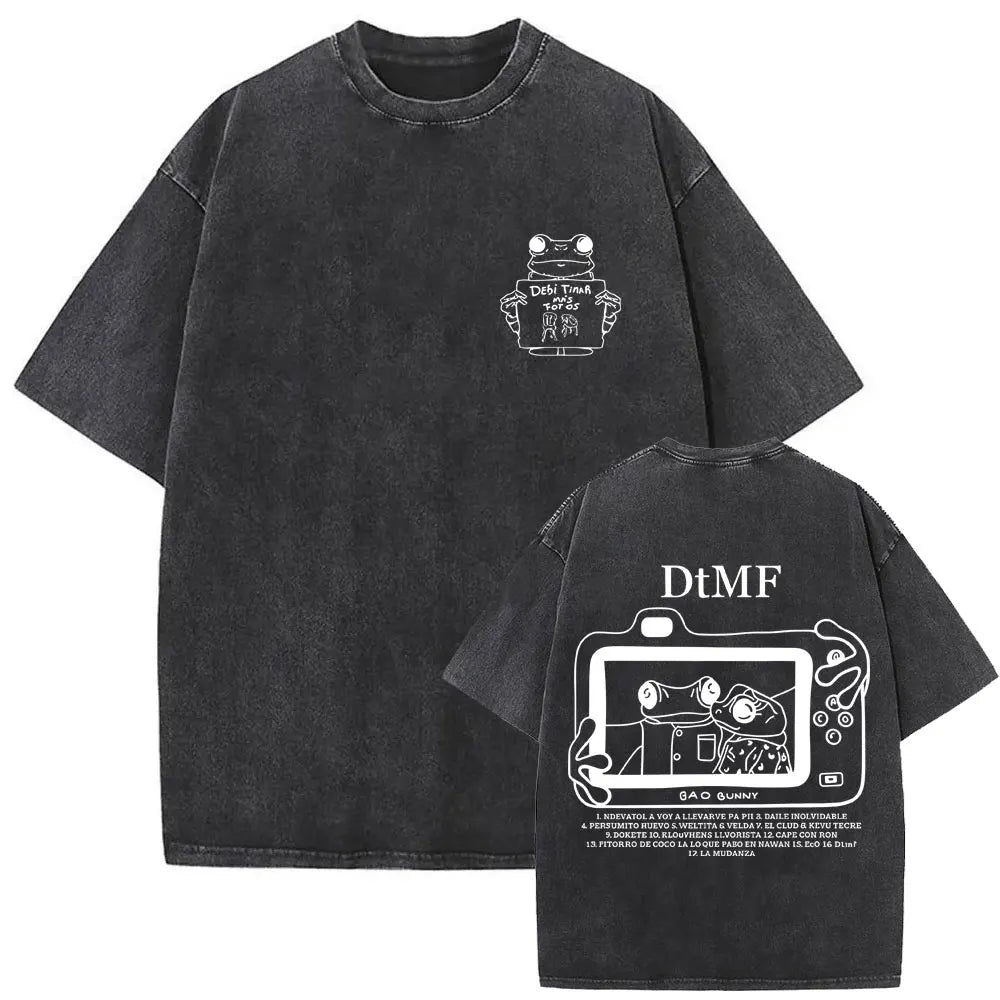 Black oversized rapper bad bunny t shirt with white cartoon frog prints for dtmf world tour women fashion hip hop