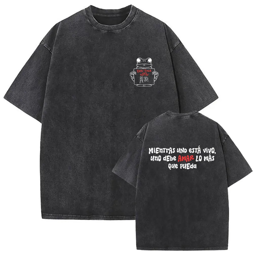 Black oversized t-shirt with white frog graphic front and red white spanish text on back rapper bad bunny dtmf world tour