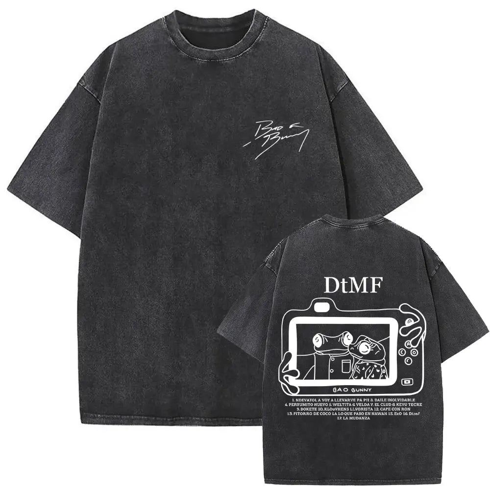 Black oversized t-shirt with white stylized camera graphic and text for rapper bad bunny dtmf world tour fashion hip hop