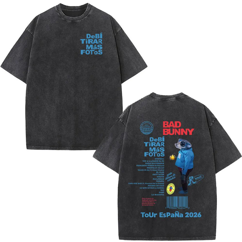 Black oversized rapper Bad Bunny t-shirt with faded blue and red graphic from debi tirar mas dtmf world tour design