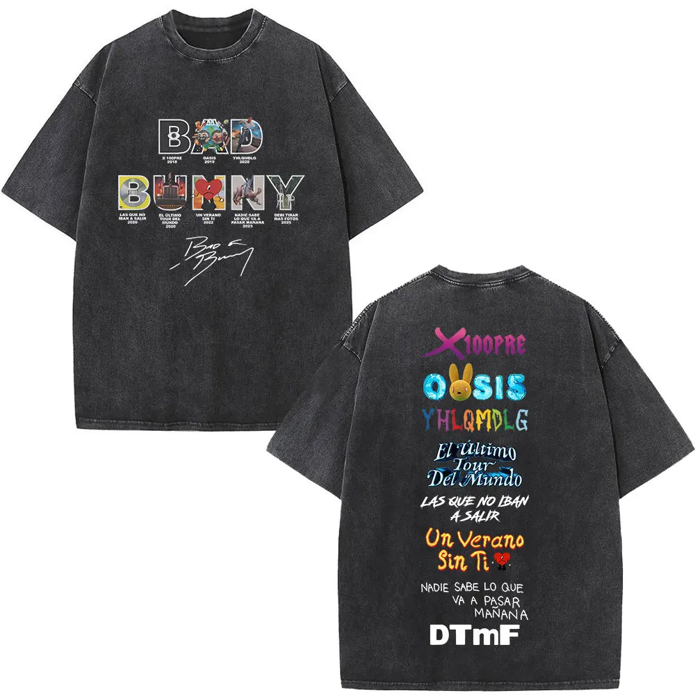 Black distressed cotton rapper bad bunny t-shirt with colorful graphic and tour information on front and back