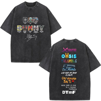Black distressed cotton t-shirt with colorful rapper bad bunny debi tirar mas dtmf world tour graphic on front and back