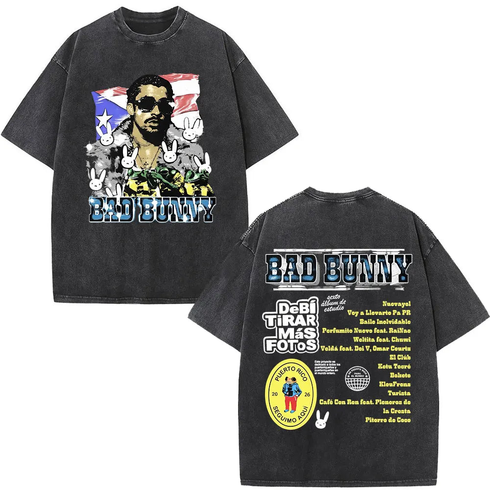 Black oversized t-shirt featuring rapper bad bunny graphic with american flag and dtmf world tour tracklist on back