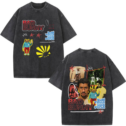 Black oversized rapper bad bunny t-shirt with vibrant dtmf world tour graphic prints debi tirar mas text in red and blue