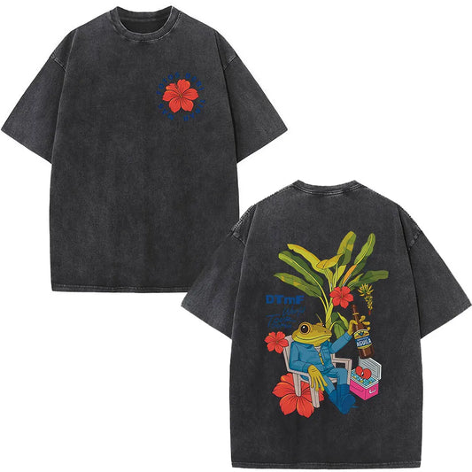 Black oversized washed vintage t-shirt with colorful graphics front and back from Bad Bunny DTMF world tour collection