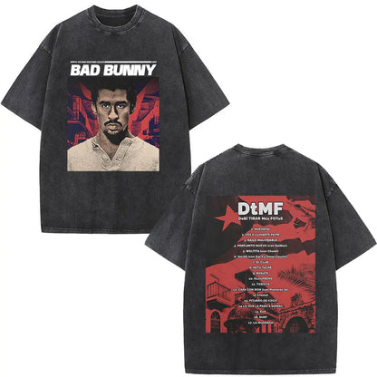 Black oversized t-shirt featuring a faded rapper bad bunny graphic front and dtmf world tour back with red accents