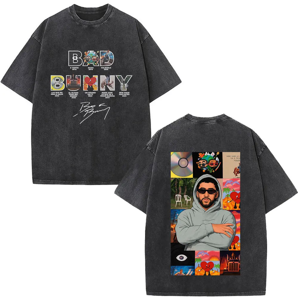 Black oversized t-shirt featuring rapper bad bunny graphic and dtmf world tour album artwork for debi tirar mas fans