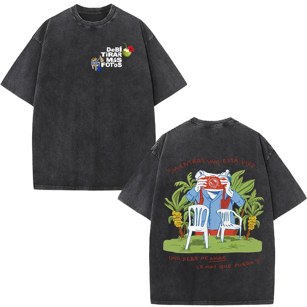 Black oversized cotton t-shirt with front and back camera-themed graphic prints from bad bunny dtmf world tour collection