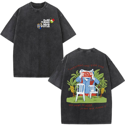 Black oversized rapper bad bunny t-shirt with front and back camera graphic prints for dtmf world tour debi tirar mas