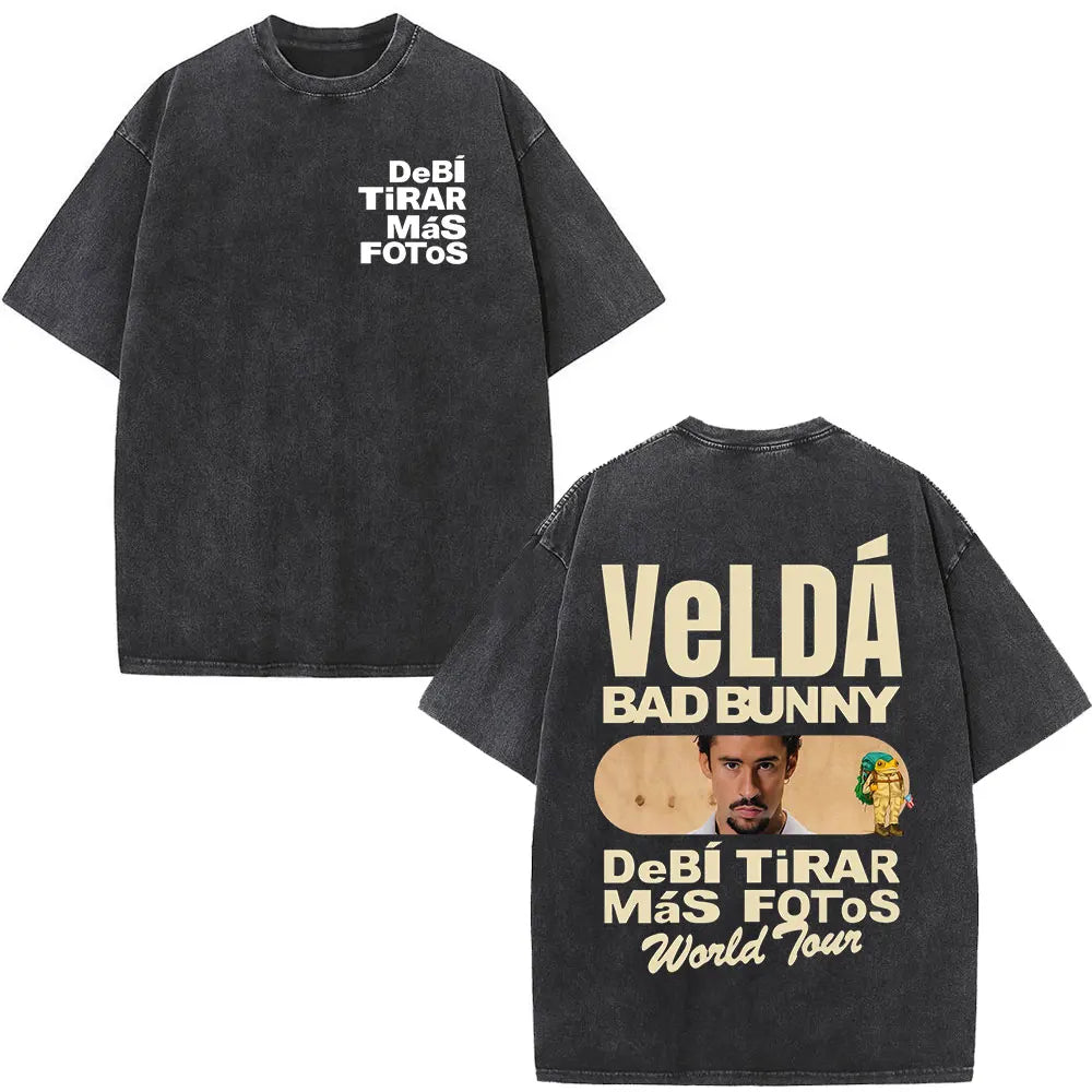 Black oversized cotton t-shirt with faded bad bunny graphic and spanish world tour text vintage hip hop streetwear