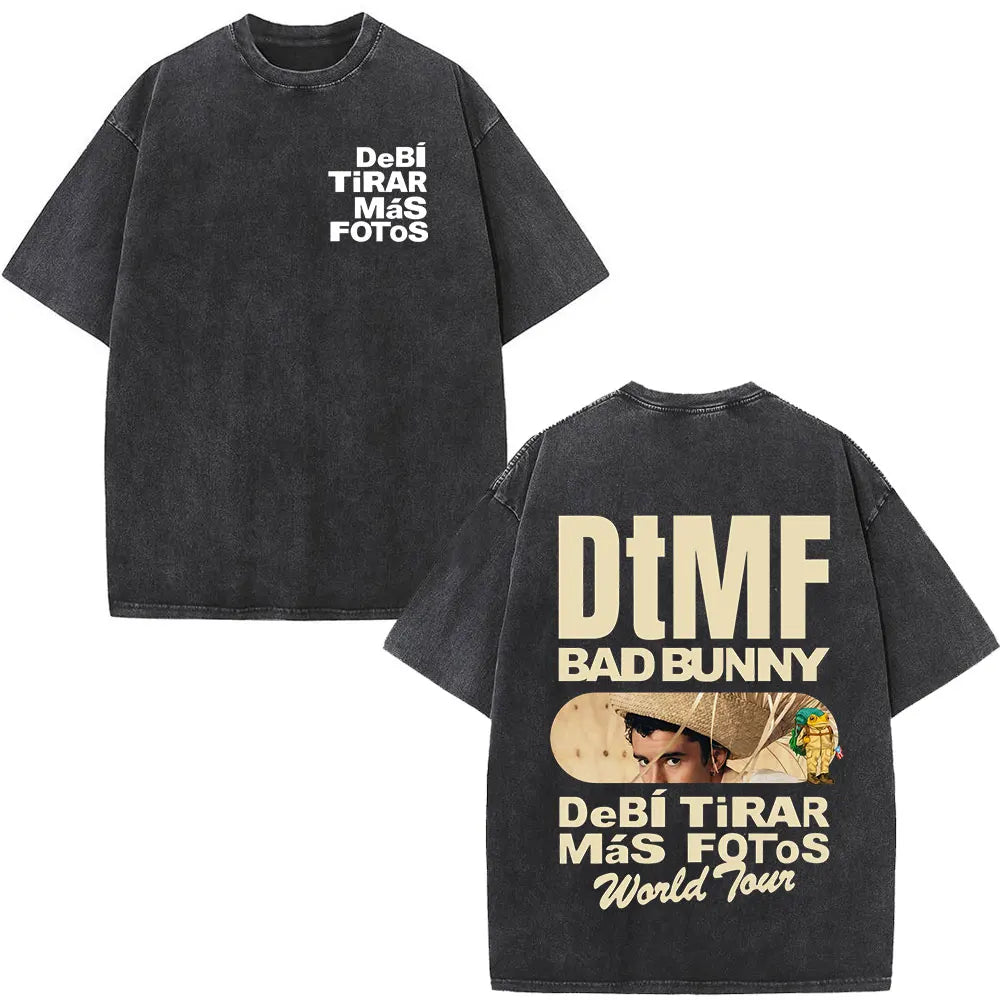 Black oversized rapper bad bunny t-shirt with faded text and graphic on back debi tirar mas dtmf world tour design