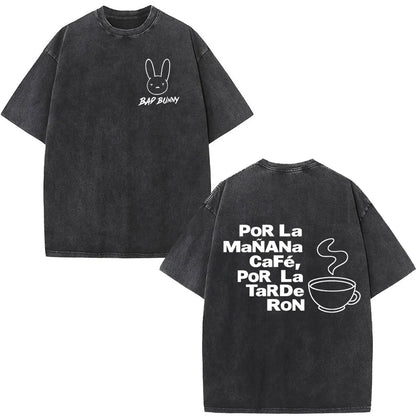 Black oversized rapper bad bunny t-shirt with white bap bunny graphic front and dtmf world tour text on back