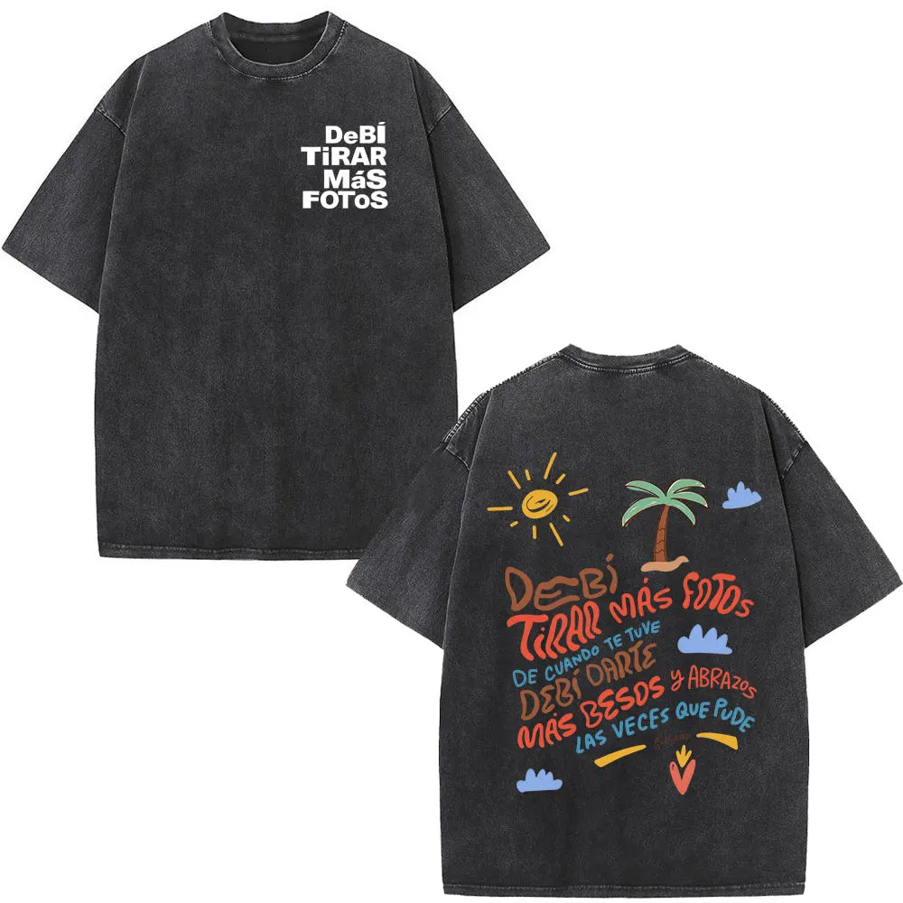 Black oversized rapper bad bunny t-shirt with faded fabric and colorful sun palm tree graphic on back for streetwear
