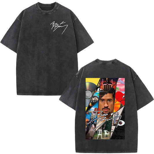 Black oversized cotton t-shirt with faded texture showing rapper bad bunny graphic on back for dtmf world tour fans