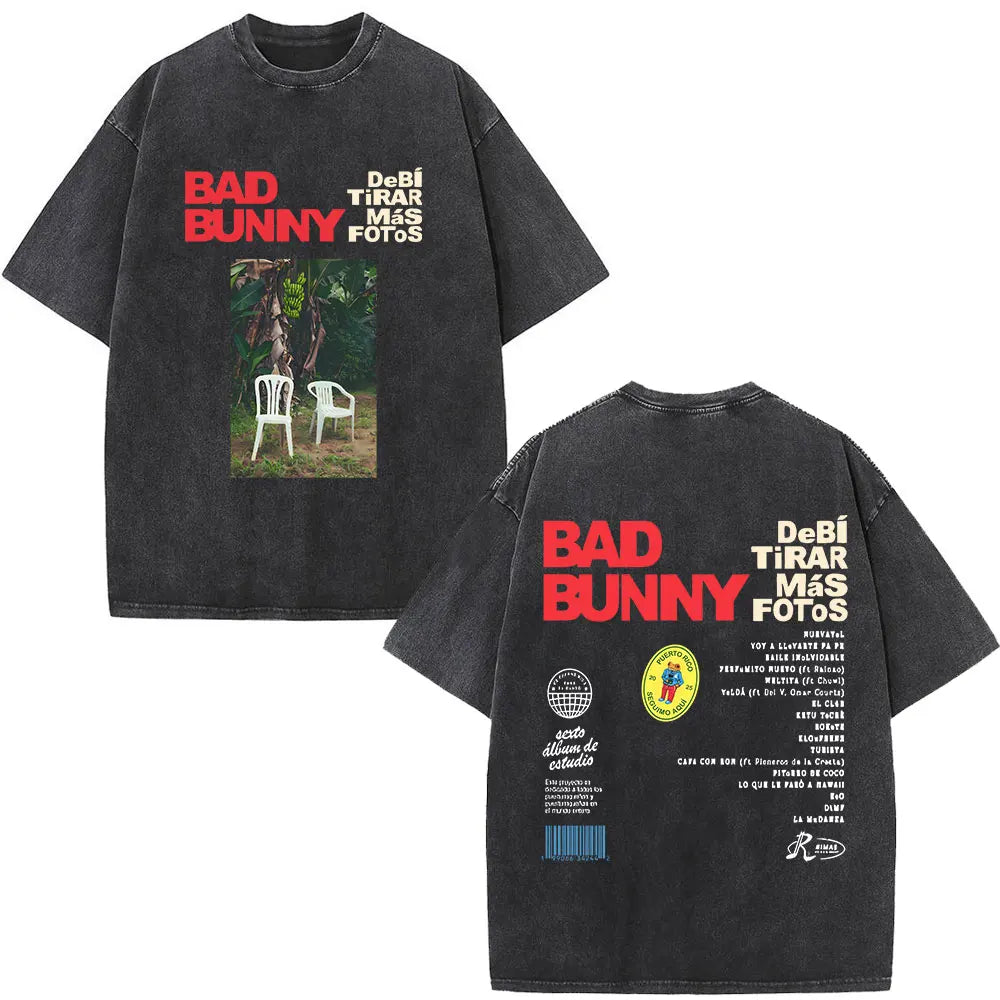 Black oversized rapper bad bunny t shirt with faded white chairs under banana trees and bold red debi tirar mas dtmf world tour text