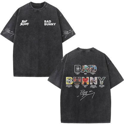 Black oversized rapper bad bunny t-shirt with debi tirar mas dtmf world tour graphics and signatures front and back view