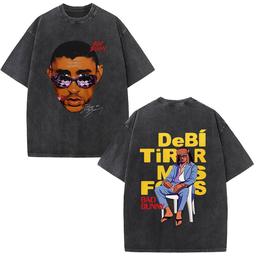 Black oversized rapper bad bunny t-shirt with faded graphic front and debi tirar mas text back for dtmf world tour