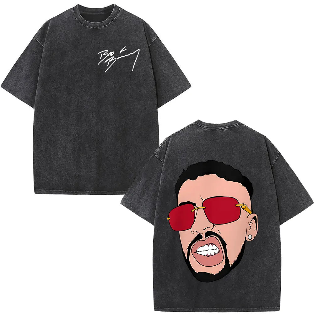 Black oversized t-shirt with a cartoon man in red sunglasses on the back and a white signature on the front for hip hop streetwear