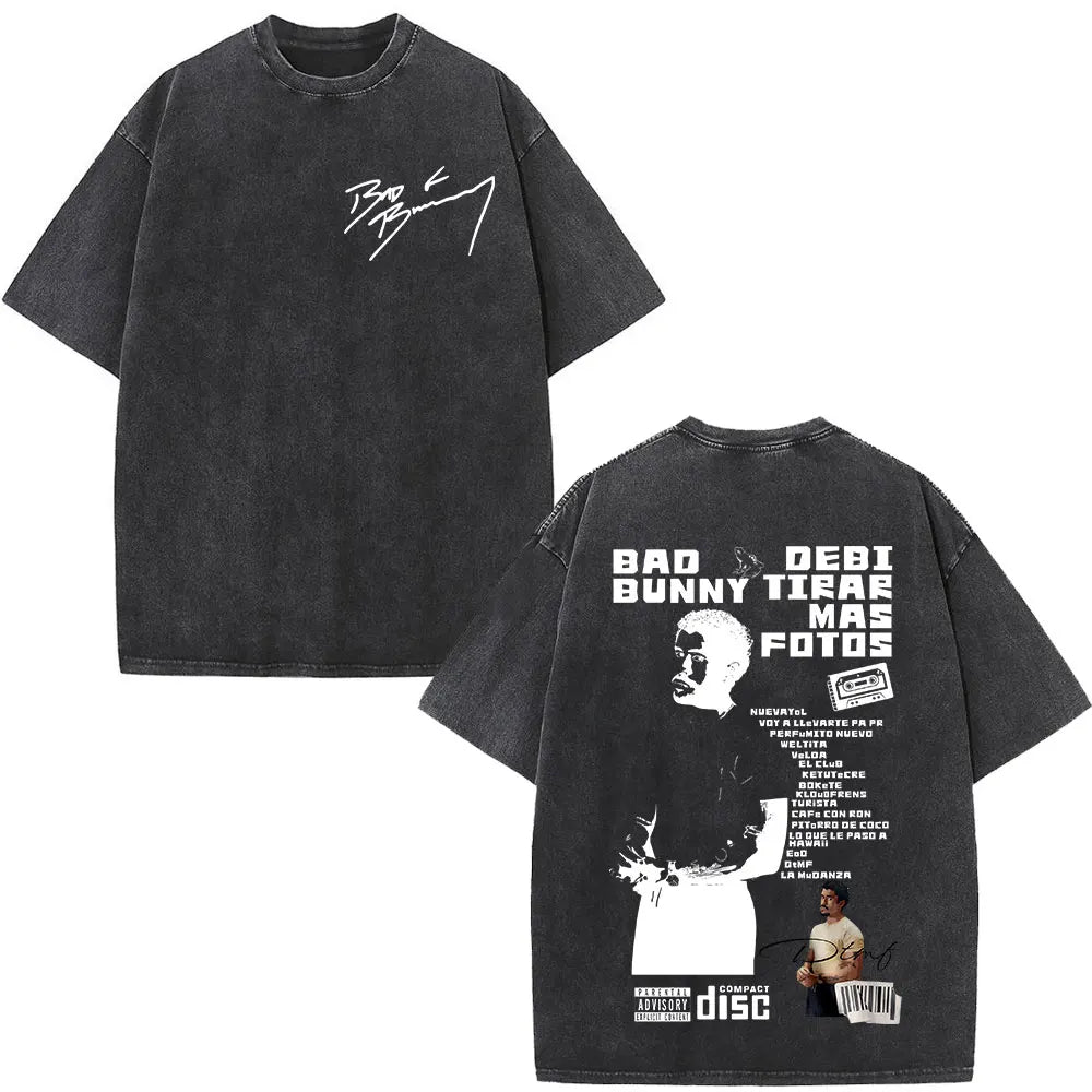 Black oversized washed vintage t-shirt with faded texture white bad bunny signature front and debi tirar mas fotos back print