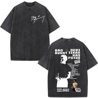 Black oversized rapper bad bunny t shirt with faded texture and debi tirar mas dtmf world tour print front and back