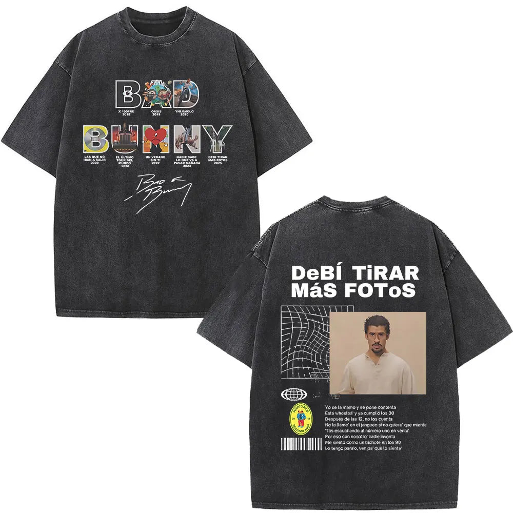Black oversized rapper bad bunny t-shirt with graphic photo on back debi tirar mas dtmf world tour streetwear