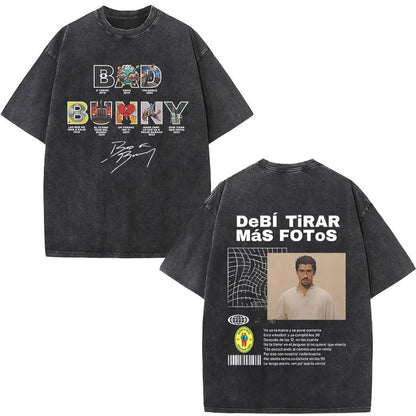 Black oversized rapper bad bunny t-shirt with graphic photo on back debi tirar mas dtmf world tour streetwear