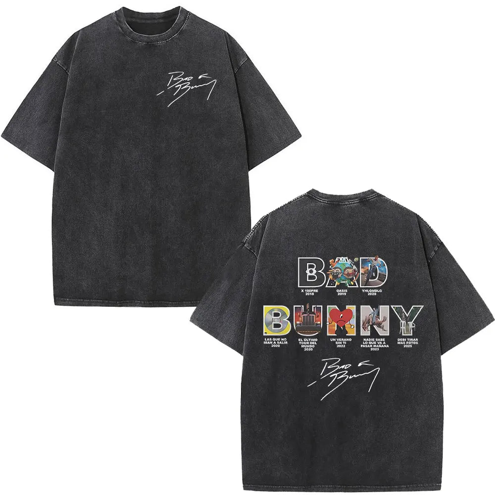 Black oversized rapper bad bunny t shirt with faded wash graphic design featuring debi tirar mas dtmf world tour logos