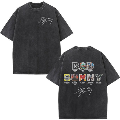 Black oversized rapper bad bunny t shirt with faded wash graphic design featuring debi tirar mas dtmf world tour logos