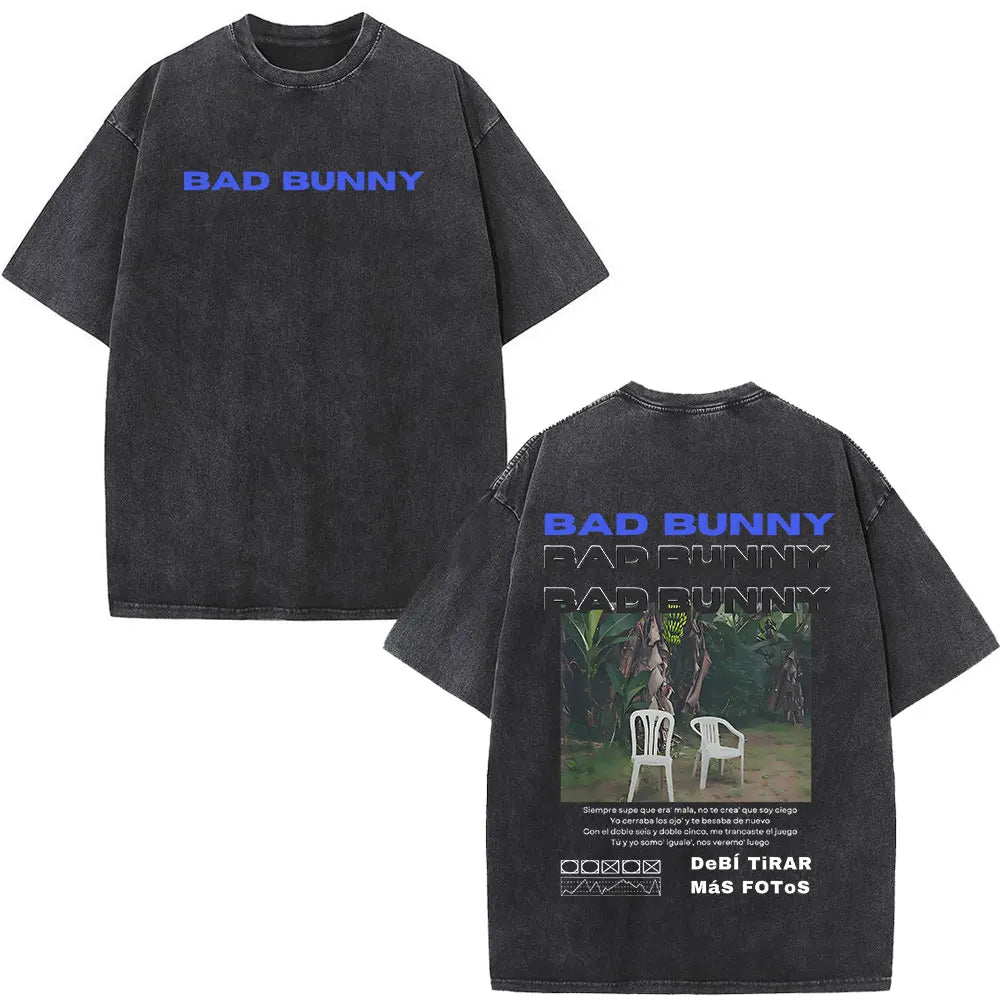 Black oversized rapper bad bunny vintage t shirt with faded blue text and jungle graphic print on the back