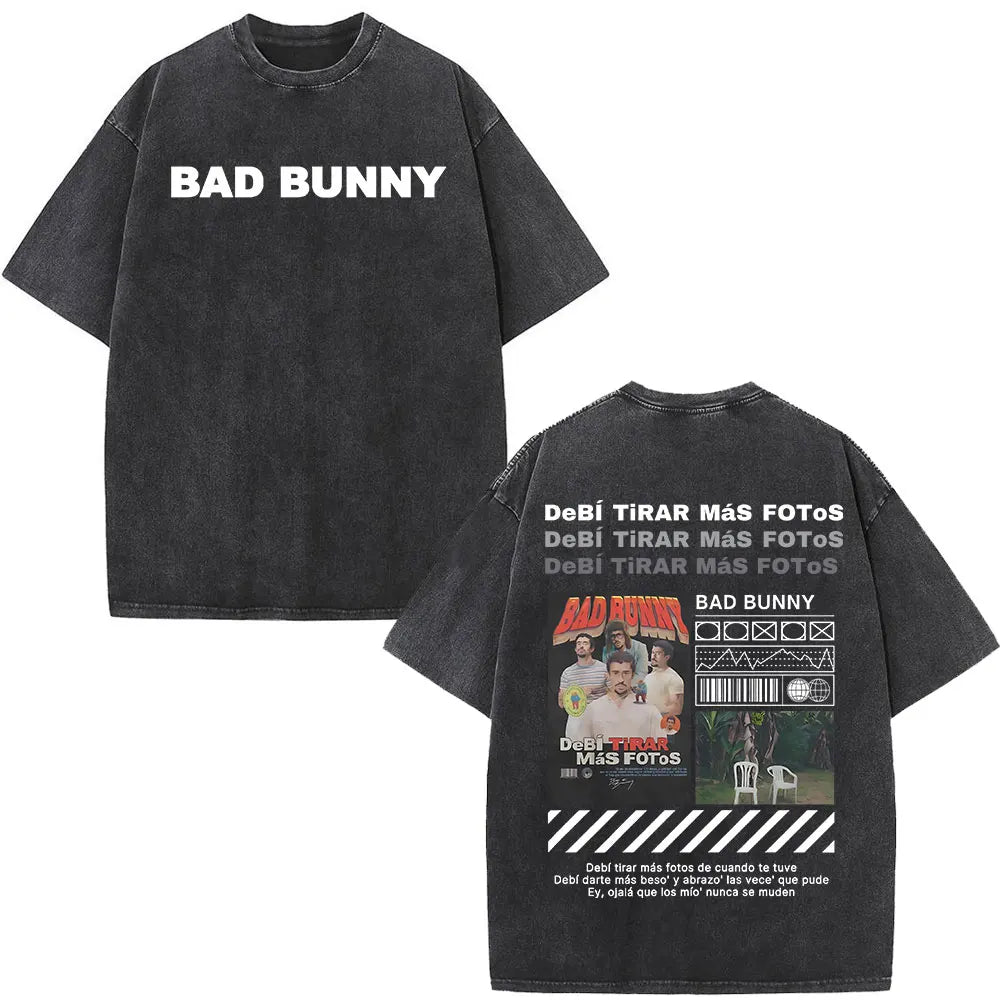 Black oversized t-shirt with white rapper bad bunny text front and debi tirar mas dtmf world tour graphic print back