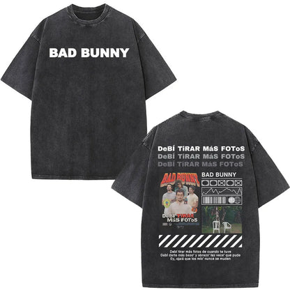 Black oversized t-shirt with white rapper bad bunny text front and debi tirar mas dtmf world tour graphic print back