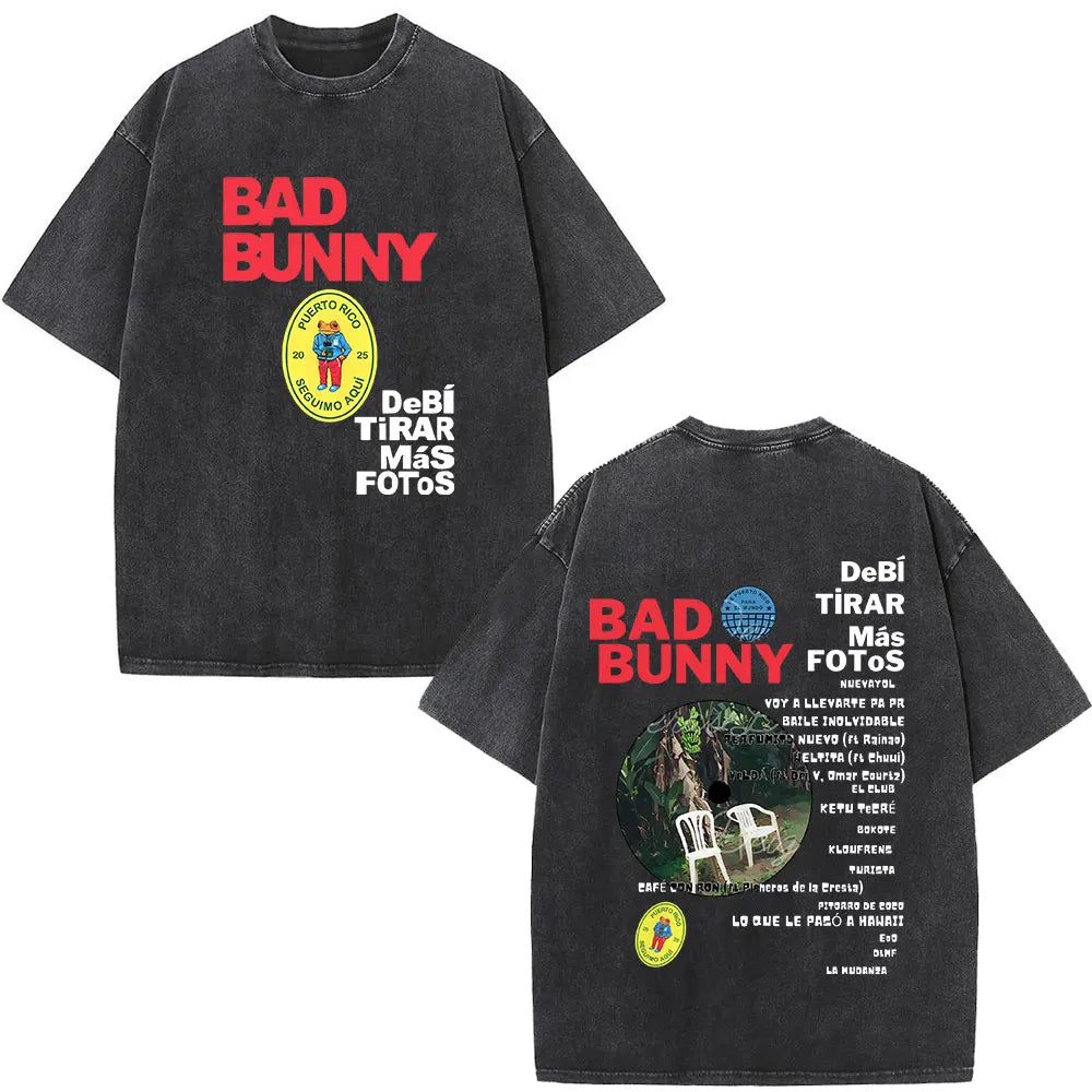 Black oversized cotton t-shirt with red bad bunny text and graphic prints front and back for hip hop streetwear