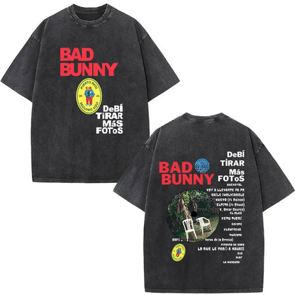 Black oversized rapper Bad Bunny t-shirt with red Debi Tirar Mas and DTMF World Tour prints on front and back