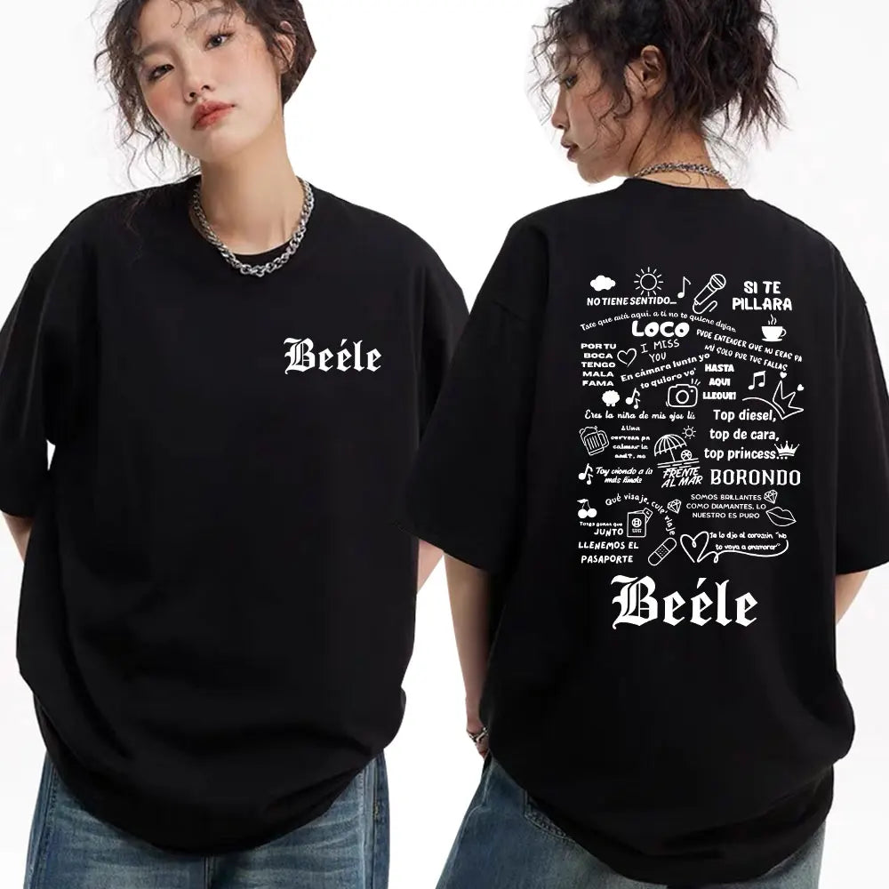 Black oversized t-shirt with white gothic beele text front and back rapper beele album merch for women aesthetic fashion