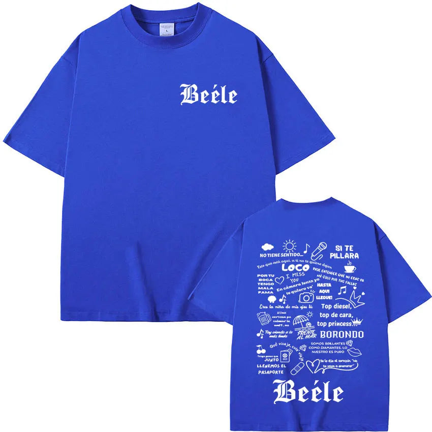 Royal blue oversized t shirt with white gothic lettering and graphic print on back rapper beele album merch women aesthetic fashion