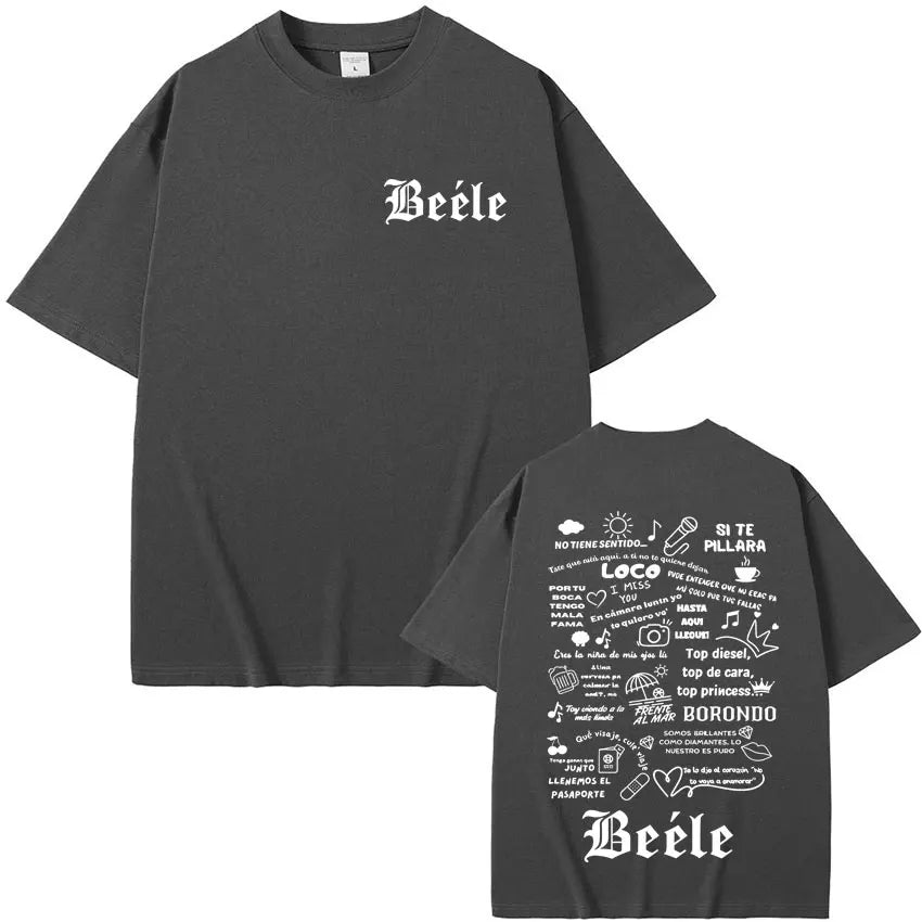 Dark gray oversized t-shirt with white gothic lettering and graphic print on back from rapper beele album merch for women aesthetic fashion