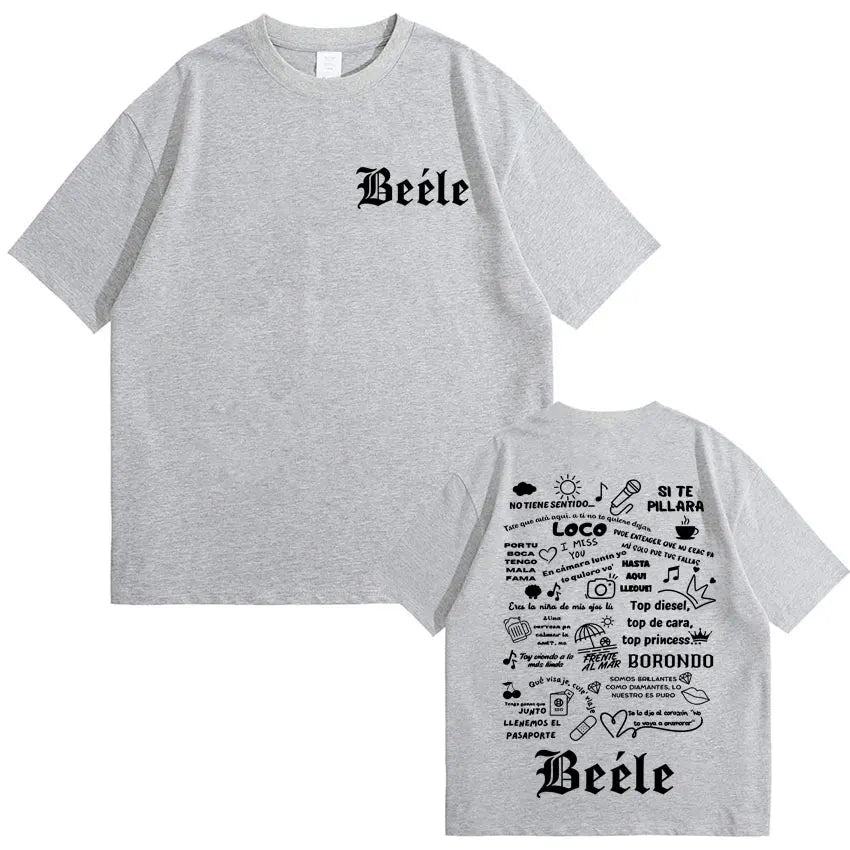 Gray short-sleeved t-shirt with black gothic beele text front and detailed graphic back for rapper beele album merch fans