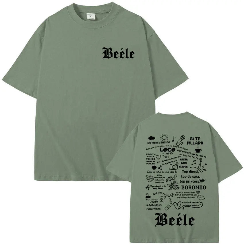Olive green short-sleeved rapper beele album t shirt with black gothic lettering front and lyric graphic back for women aesthetic fashion