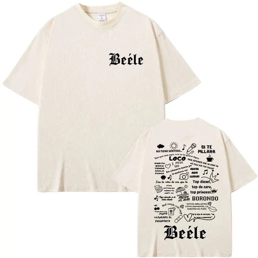 Cream-colored oversized t shirt with black gothic lettering and detailed back graphic for rapper beele album merch